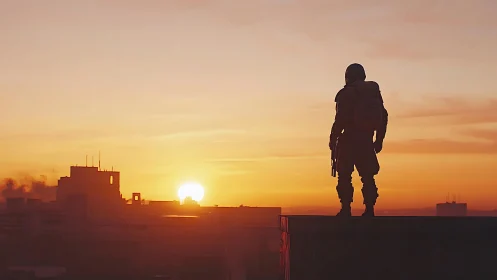 Lone rooftop wanderer watches a glowing urban sunset.