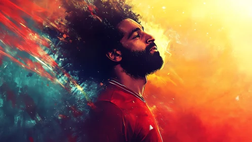 Profile portrait of footballer in vivid abstract colors.