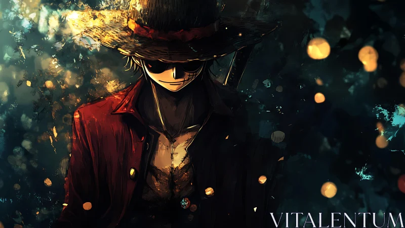 Straw-hatted shadow cuts through ember-lit ocean night