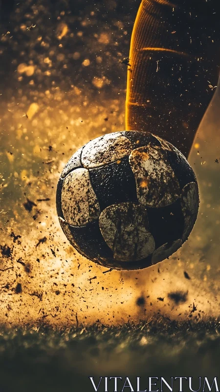 Soccer ball impact in backlit dirt spray, shallow depth field