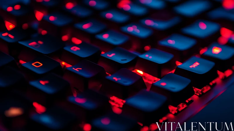 Mechanical keyboard keys with red blue gaming backlight.