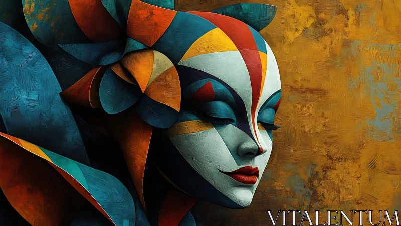 Chromatic faceted visage with sculptural geometric planes.