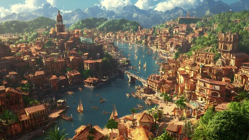 Riverside fantasy city extends along a wide, busy waterway