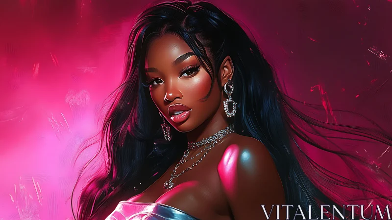 Radiant woman glows in dreamy pink neon digital portrait