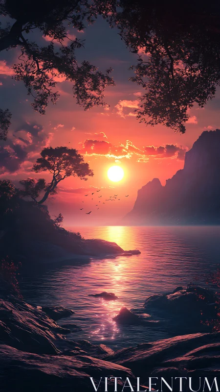 Radiant sunset bathes a tranquil rocky cove in vivid light