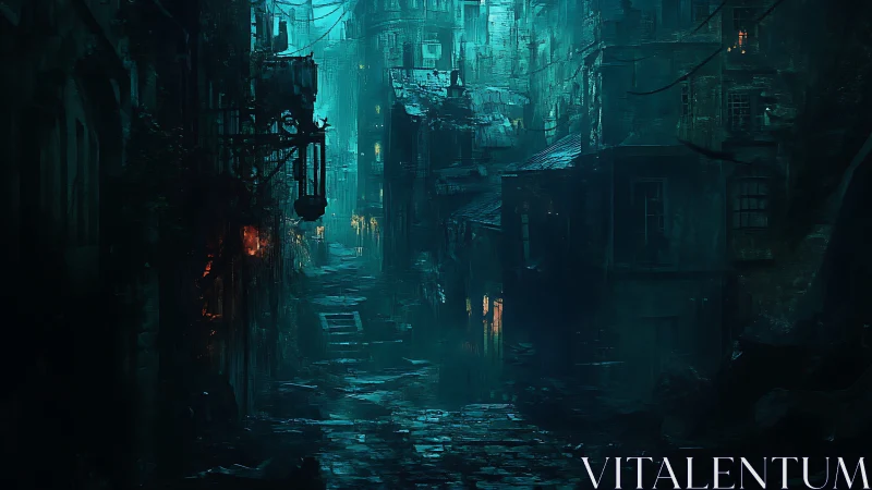Rain-soaked cyberpunk alley glows with teal neon haze.
