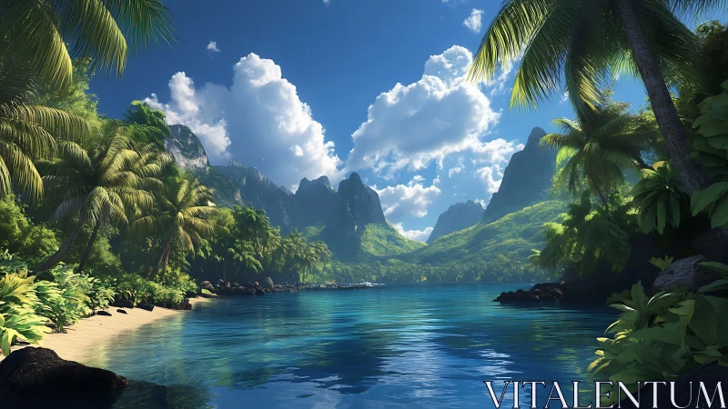 Tropical Lagoon with Dramatic Mountain Peaks and Lush Vegetation