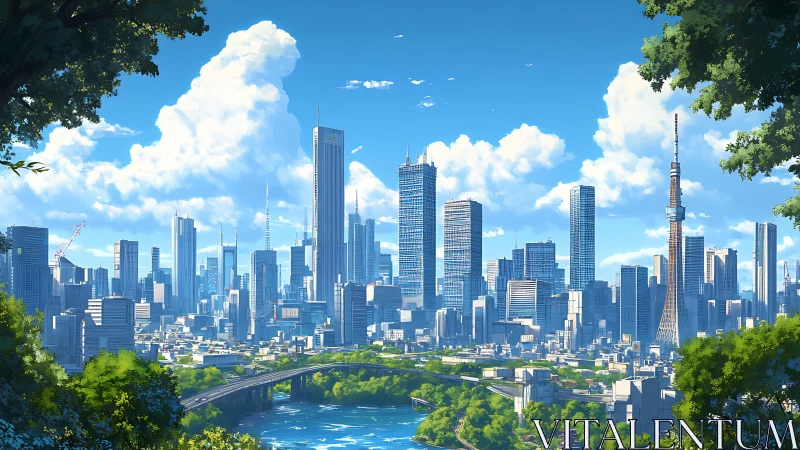 Digital painting skyline with river corridor and verdant framing.