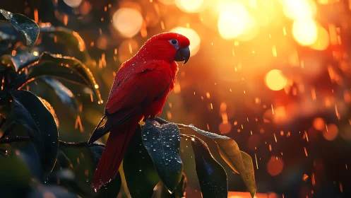 Vibrant Scarlet Parrot in Rain at Sunset, Dramatic Nature Photo.