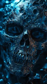 3D metallic skull study with corroded biomechanical surface detailing.