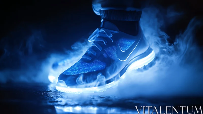 Luminous blue sneaker glows through cinematic low key vapor