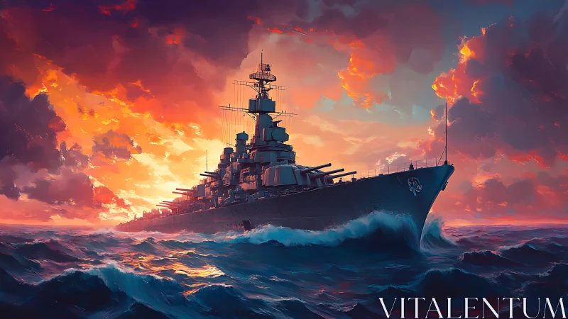 Sunset warship gliding through fiery seas of color.