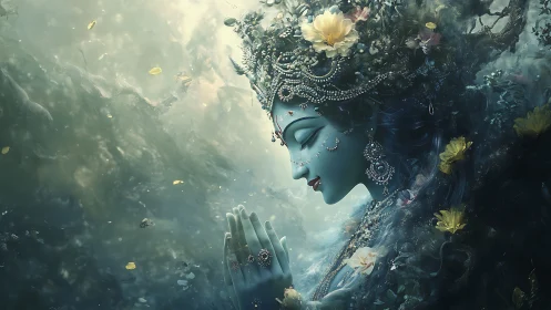Divine blue goddess prays in a swirling ethereal ocean of light