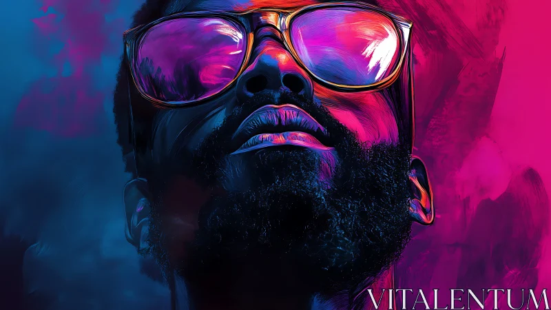 Neon portrait of bearded man in reflective sunglasses.