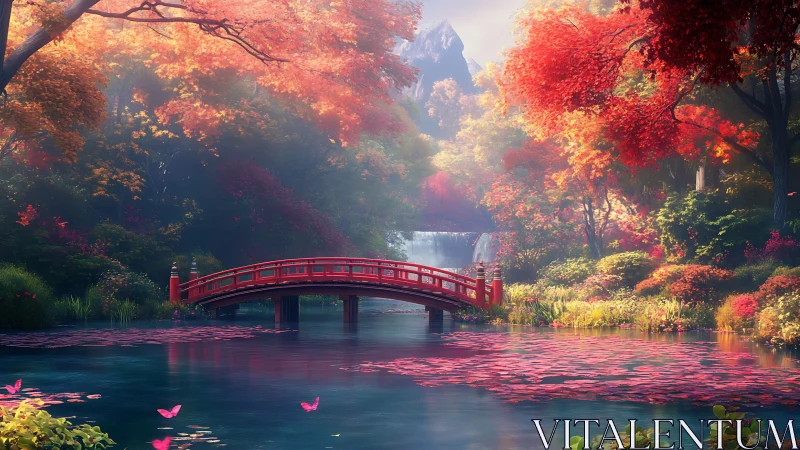 Arched red garden bridge spans reflective pond under saturated autumn canopy