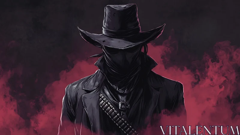 Masked gunslinger silhouette in crimson smoke haze.