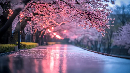 Gentle cherry blossom lane glowing after soft spring rain.