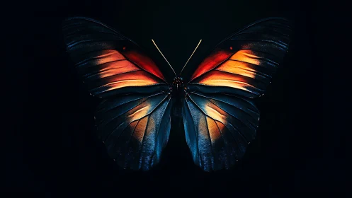 Butterfly with bi‑colored wings on dark isolated background.