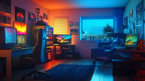 Dual-screen gaming room with RGB lighting and city view.