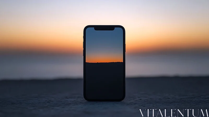 Phone portal frames a quiet seashore sunset horizon glow.