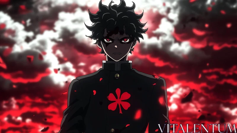 Dark-haired anime boy stands under red storm clouds