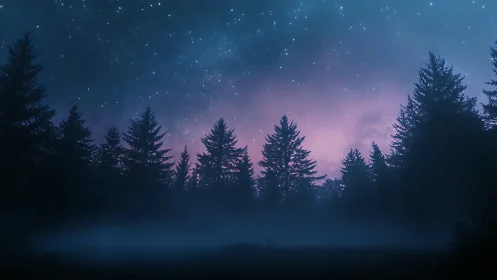 Night Sky Over Forest Silhouettes.