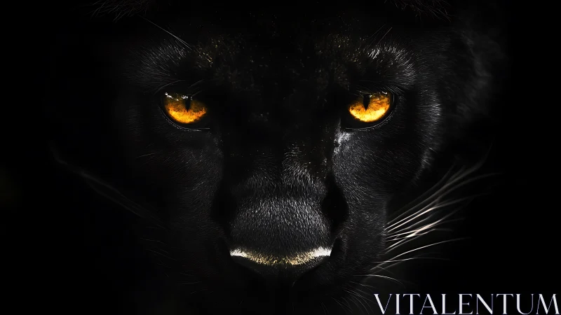 Black Panther Portrait with Luminous Amber Eyes Against Dark Background