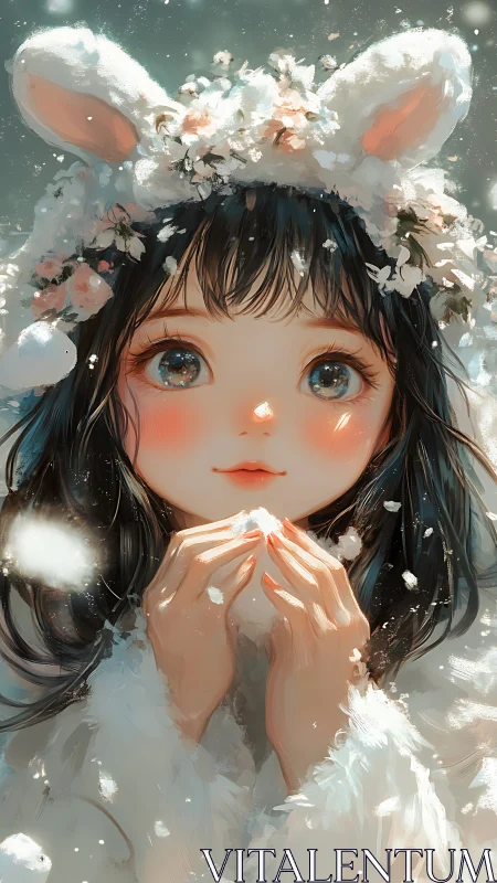 Snowlit girl in rabbit hood with luminous painterly detailing.