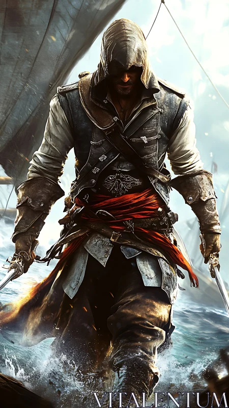 Hooded pirate warrior strides through stormy ocean battle