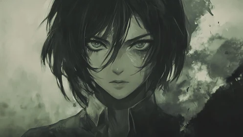 Monochrome digital portrait of intense short haired character