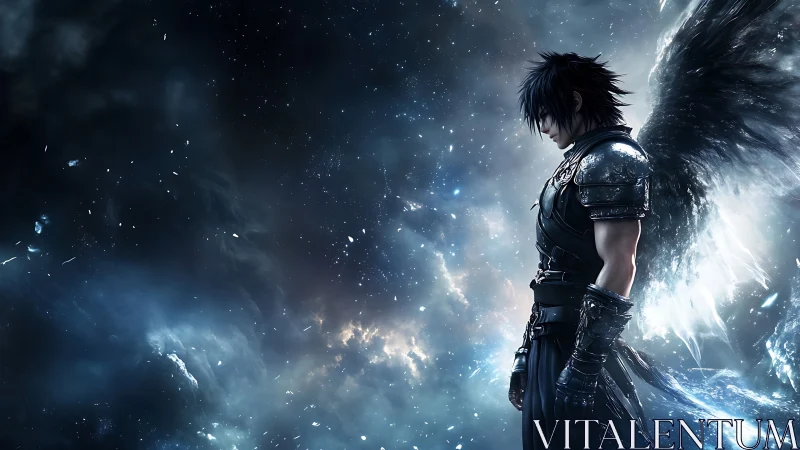 Winged warrior drifting through a quiet cosmic dreamscape.