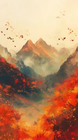 Autumn mountains and valley with vivid orange forest canopy.