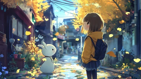 Girl and white bunny on quiet autumn city street.