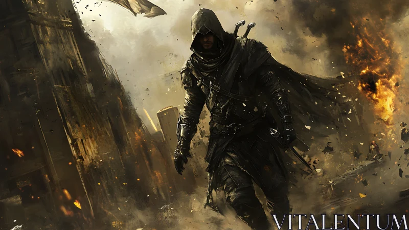 Hooded rogue strides through burning war-torn city ruins