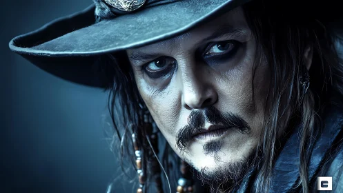 Brooding pirate gunslinger rendered in icy photorealism.