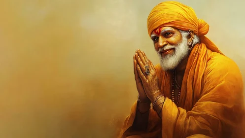 Gentle elder in saffron robes sharing a peaceful greeting.