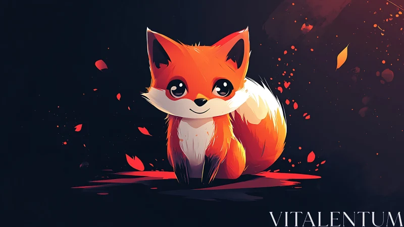 Bright-eyed baby fox resting in a cozy night glow.