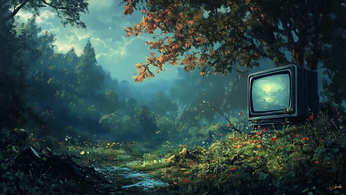 Old forest television glows amid misty overgrown clearing.