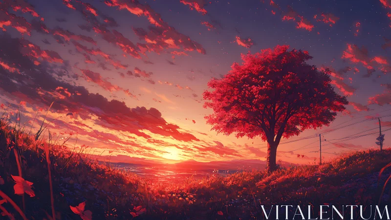 Red tree stands on hillside overlooking vivid digital sunset
