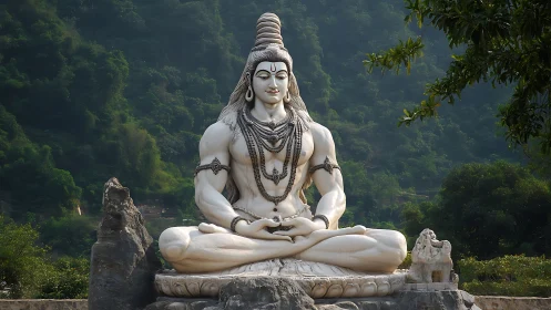 Mountain-seated Shiva statue radiates serene stone divinity.