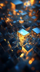 Luminescent glass cubes float in a futuristic data grid