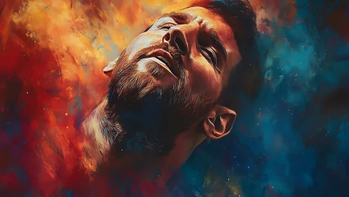 Digital portrait of bearded man in fiery cosmic colors.