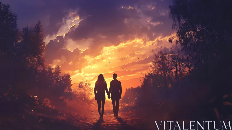Two people holding hands walking toward golden sunset through forest