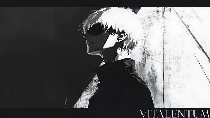 Stark monochrome anime figure stands in fractured light.