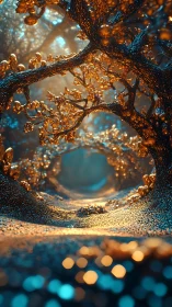 Bioluminescent forest tunnel shimmers in teal and amber light.