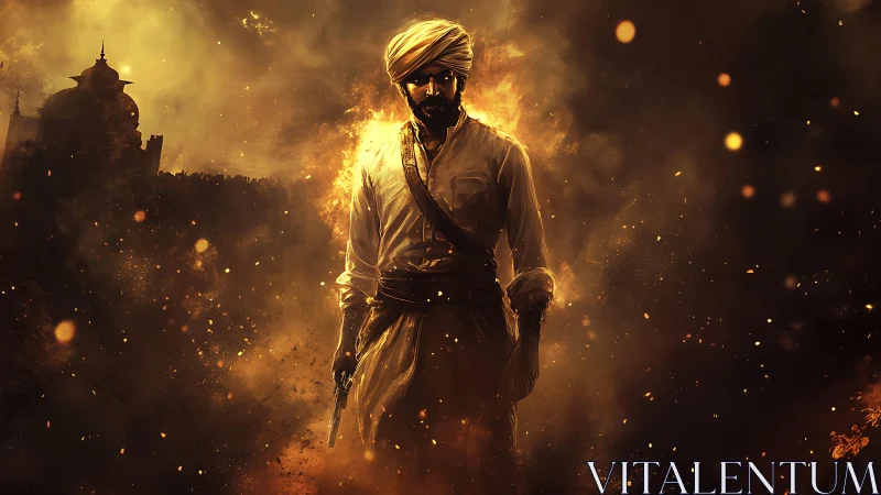 Turbaned warrior in fiery cinematic digital inferno scene.