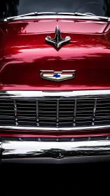 Classic red Chevrolet grille gleams with polished chrome detail