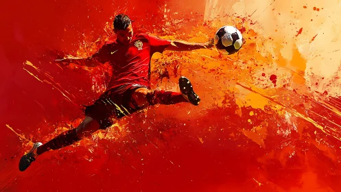 Dynamic soccer kick bursting through fiery red color.