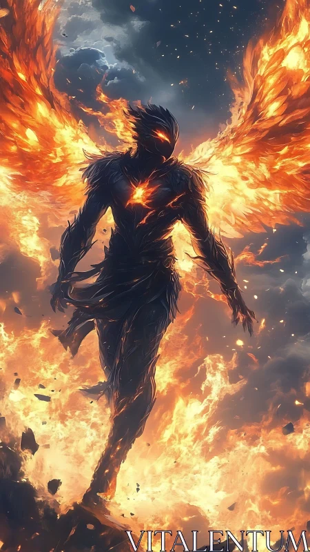 Winged humanoid fire entity against stormy night sky.