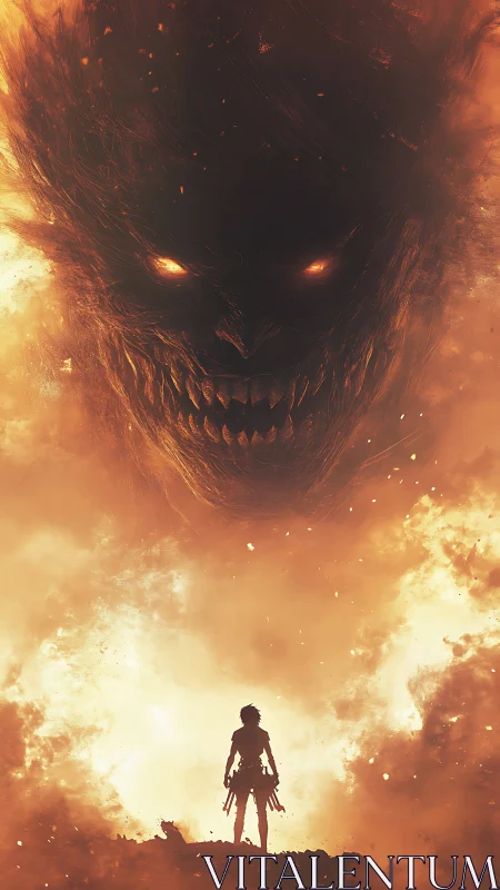 Warrior confronts colossal fiery demon face in inferno